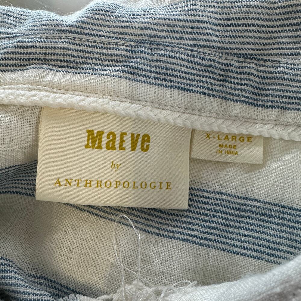 Maeve by Anthropologie Tops WMNS XL White Blue Striped Lace Trim Linen Blouse - Picture 6 of 8